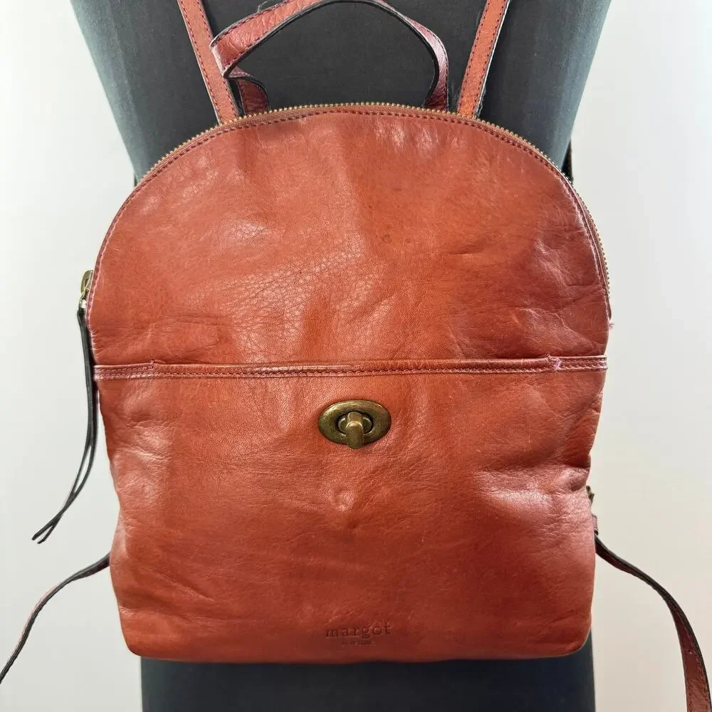 Margot New York Camille Backpack Bag Brown Tan Leather Turnlock Adjustable FLAW